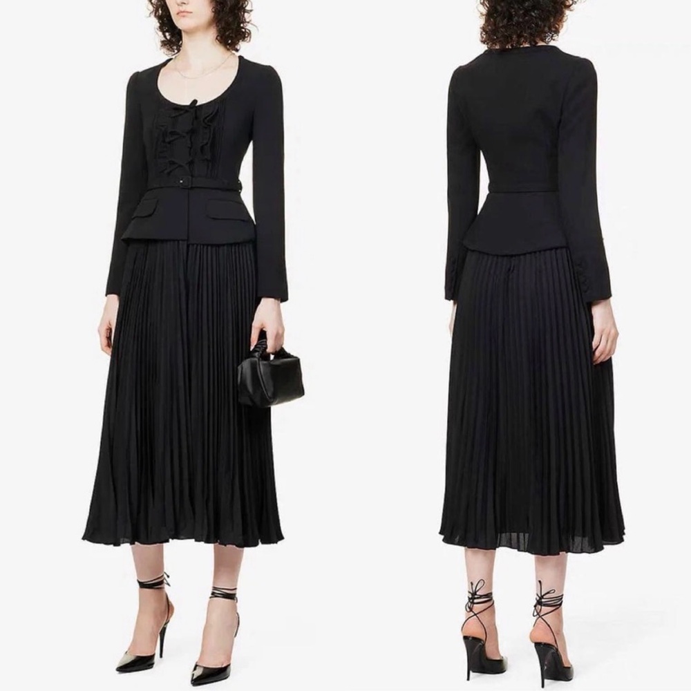 NWT Self-Portrait Ruched Crepe Black Midi Dress. Size 2